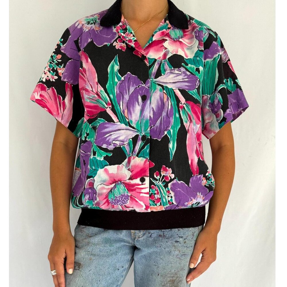 80s vintage colorful floral print retro collared short sleeved shirt blouse